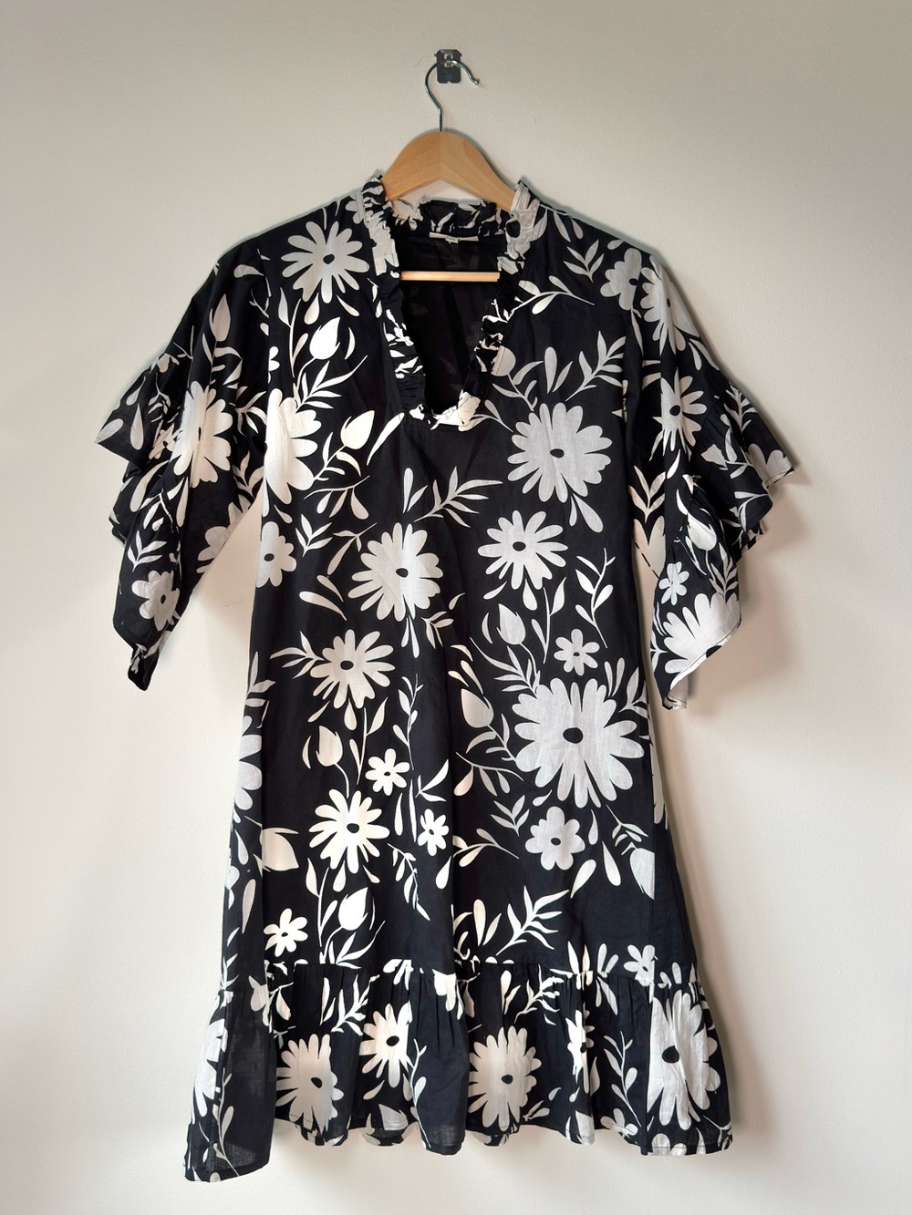 Fitzroy & Willa - Soleil Mini Dress Black & White Floral Ruffle-Trim